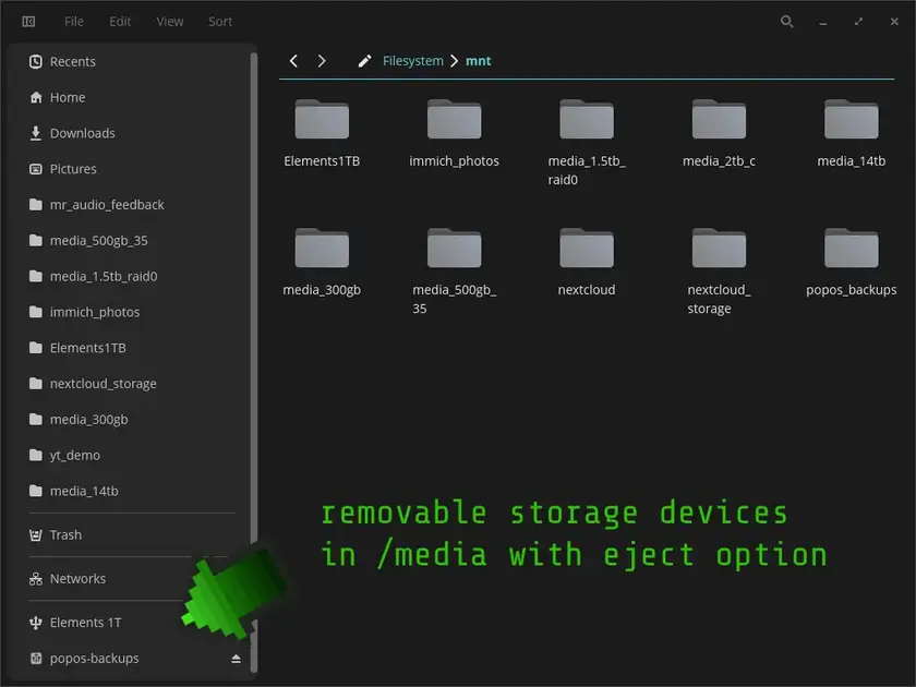 Screenshot of nautilus window highlighting storage devices in /mnt