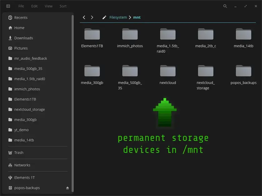Screenshot of nautilus window highlighting storage devices in /mnt