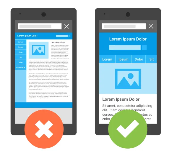 illustration comparing an improperly formatted mobile design versus an AMP version of the same page.
