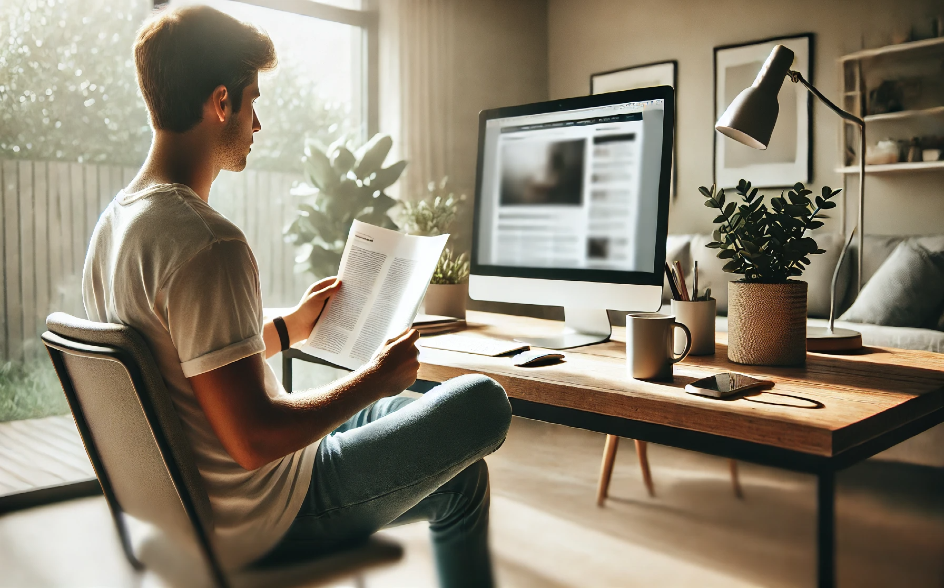 AI-generated image of a man sitting at a desk reading a paper with a computer monitor on