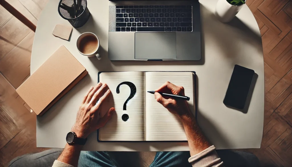 AI-generated image of an overhead shot of a man at a desk writing in a notebook