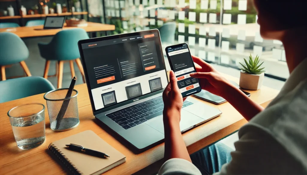 AI-generated image of a woman sitting at a desk holding her phone, with the same website pulled up on her phone and her laptop, to show an example of mobile responsiveness.