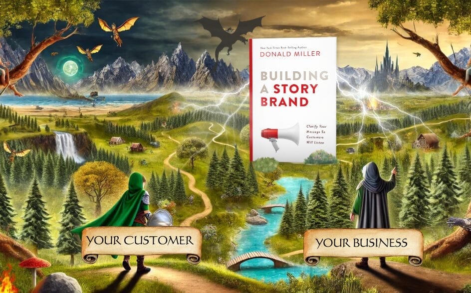 Feature image showing a fantasy world with the Storybrand book front and center